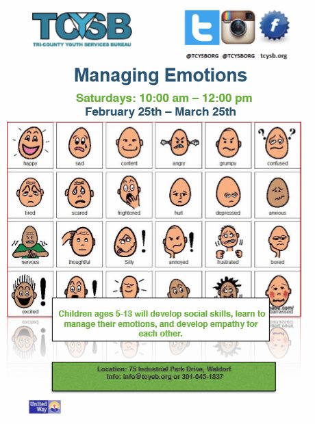 tcysborg's tweet photo. Managing emotions for kids Waldorf MD, Feb. 25th-march 25th 10am-12pm #tcysborg #managingemotions #kidsdeserveit https://t.co/rDLdusTD14