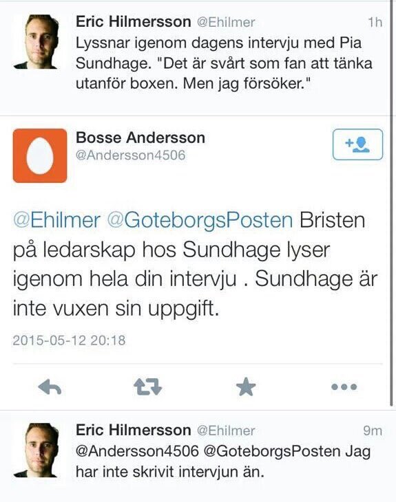 Twitters i särklass roligaste konversation och även den som beskriver vår samtid allra bäst. Den har allt! Odödlig! Tack <a href="/Ehilmer/">Eric Hilmersson</a>. ❤️
