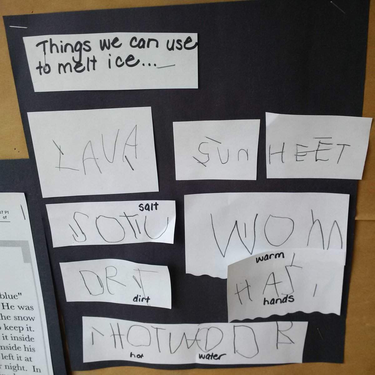 Students have shown a lot of interest about ice. Today a few kids made a list of things that can melt ice!