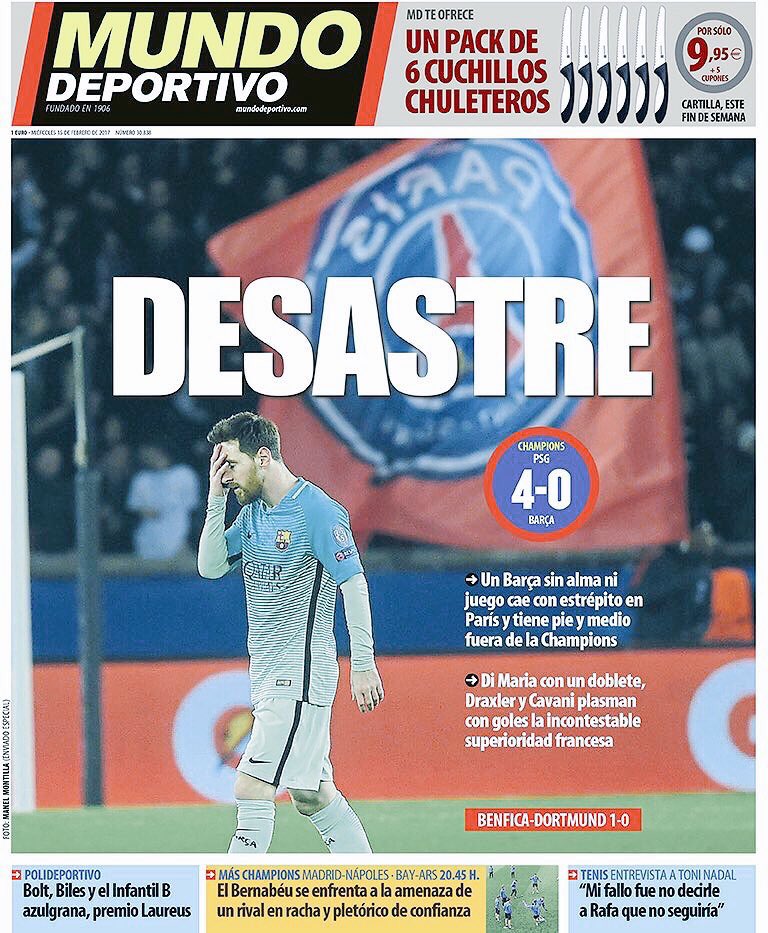 Footballogue's tweet photo. [#LDC] La Une de Mundo Deportivo après la démonstration parisienne face au FC Barcelone... (pas besoin de vous traduire 😉) https://t.co/kG5K5GZjLo