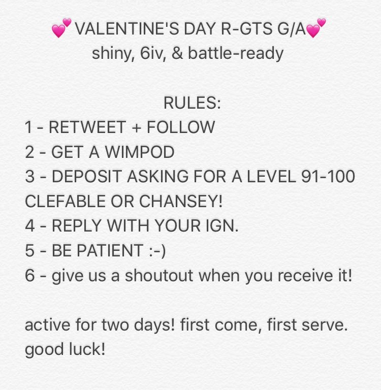 SkullGiveaways's tweet photo. 💕VALENTINE'S DAY R-GTS G/A💕

female chansey + male clefable!
kindly follow all the rules and be patient, you can go for both 🎀 ends tomorrow https://t.co/ZwTHUlHpvP