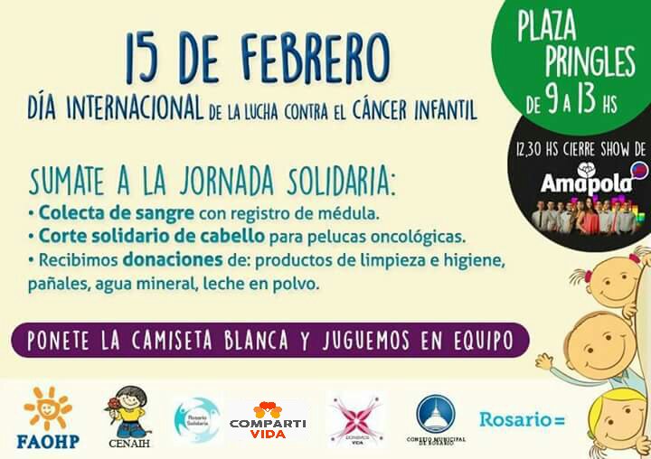 RosSolidaria's tweet photo. 👉Mañana 15Feb #DiaMundialContraElCancerInfantil!
📍#PoneteLaCamisetaBlanca, se juega en equipo!! 👕
En ROSARIO desde las 9hs en #plazaPringles https://t.co/FTS2efDY7y