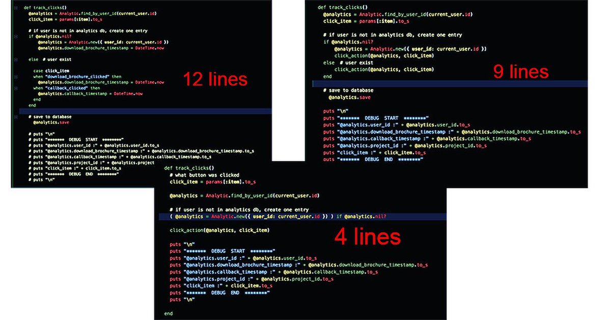 _iankhor_'s tweet image. 12 lines ... 9 lines ... 4 lines.
Refactoring #coderjourney