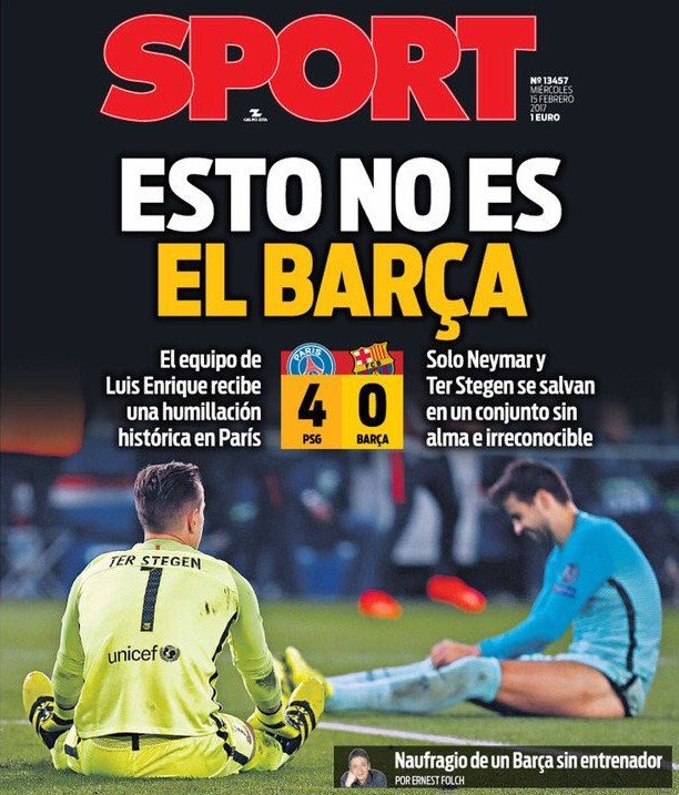 VSportsTM's tweet photo. Esta es la tapa de @sport luego de la sandunga de PSG a Barcelona. https://t.co/koxSZzJ7Q5