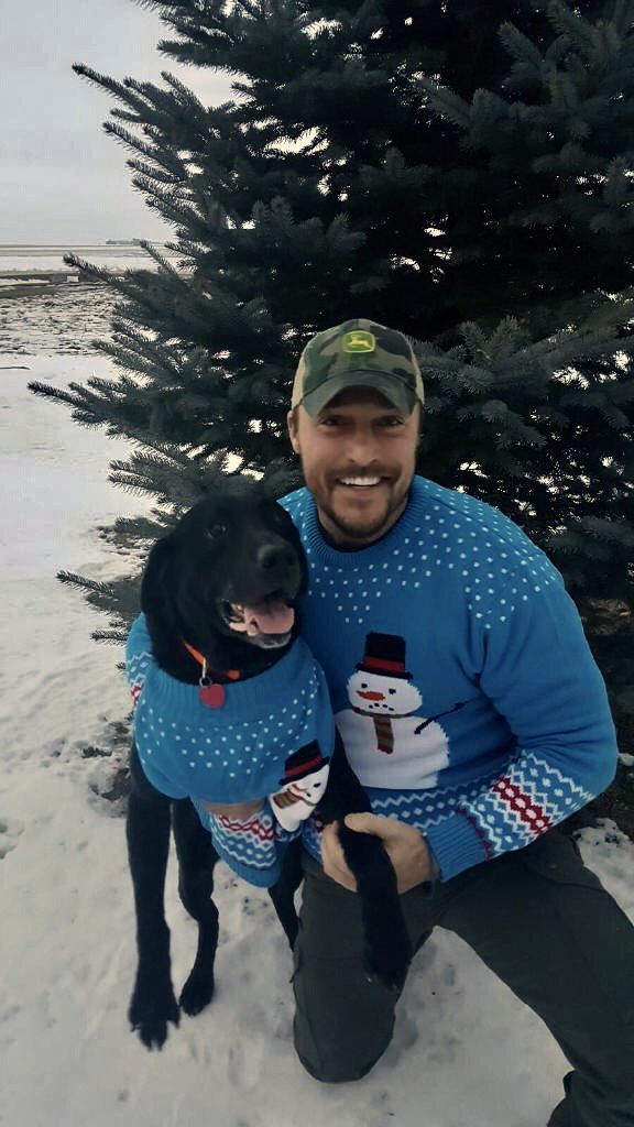 souleschris's tweet photo. Happy Valentine’s Day from Moose and I sporting the matching sweaters he made us. It’s the thought that counts. https://t.co/1wBir9HdMp