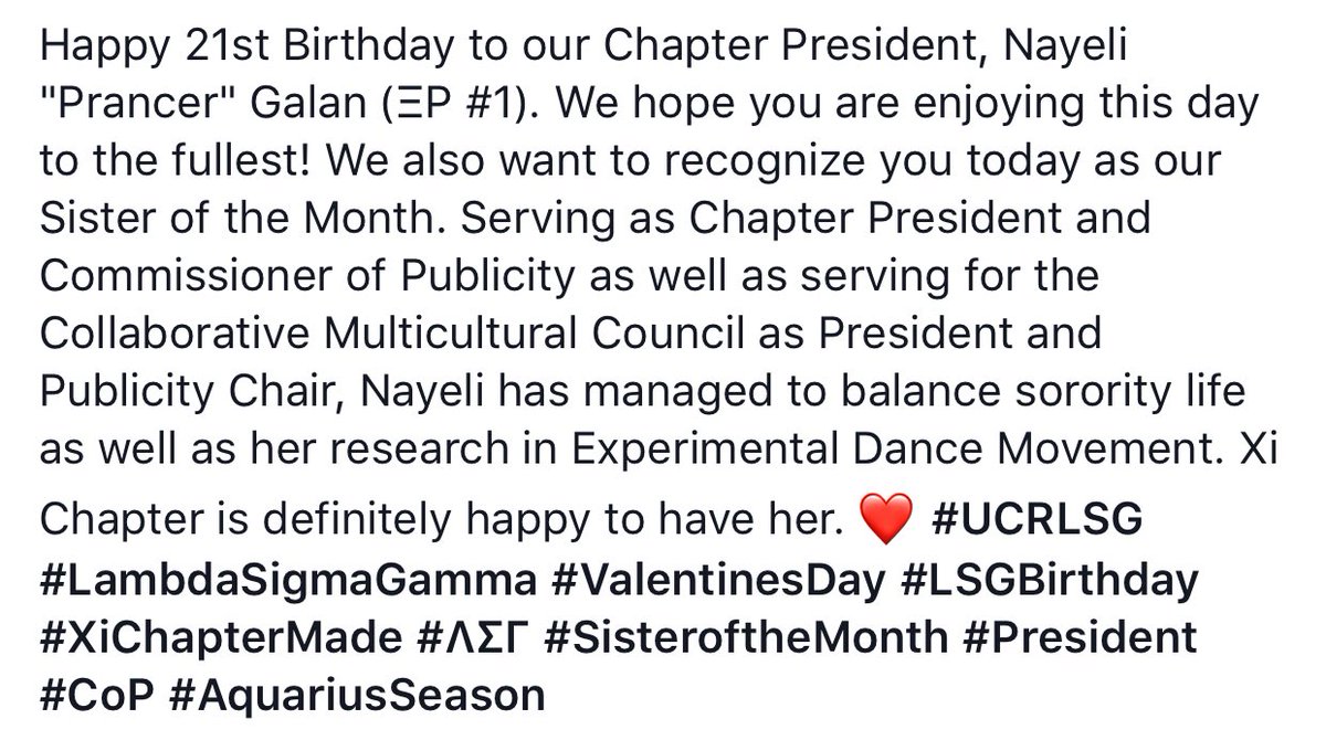 ucr_lsg's tweet photo. ❤ #UCRLSG #LambdaSigmaGamma #ValentinesDay #LSGBirthday #XiChapterMade #ΛΣΓ #SisteroftheMonth #President #CoP #AquariusSeason https://t.co/wmey9FH5Cp