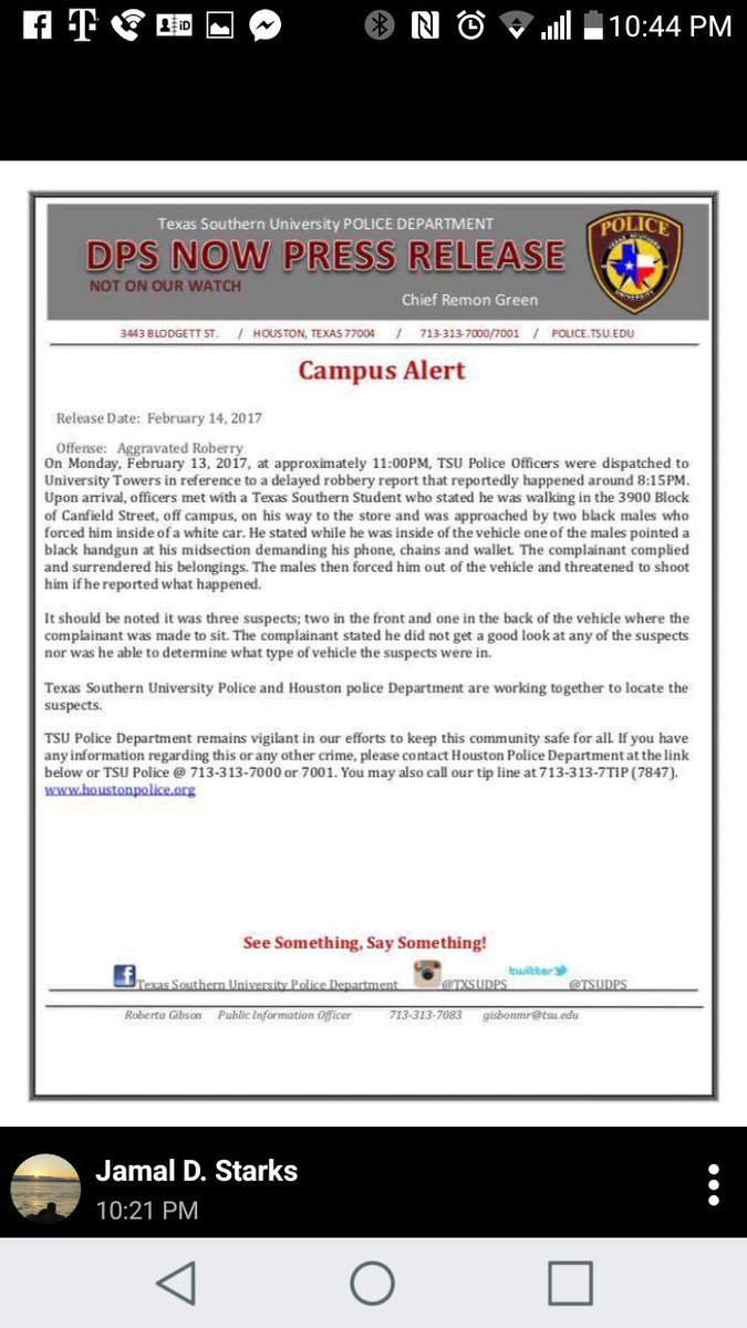 TSUDPS's tweet photo. Your safety, our PRIORITY! Be safe and aware Tigers. With you, TSU will be safe for you! 713-313-7000 or 7001
#dpsnow https://t.co/0MWaSoLJWU