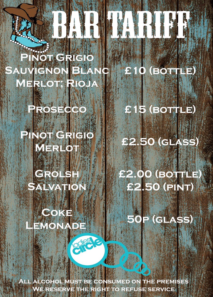 Only in Circle would Prosecco appear at a Barn Dance! Here's the tariff for the cash bar on Saturday, food &amp; fun included in ticket prices🍾
