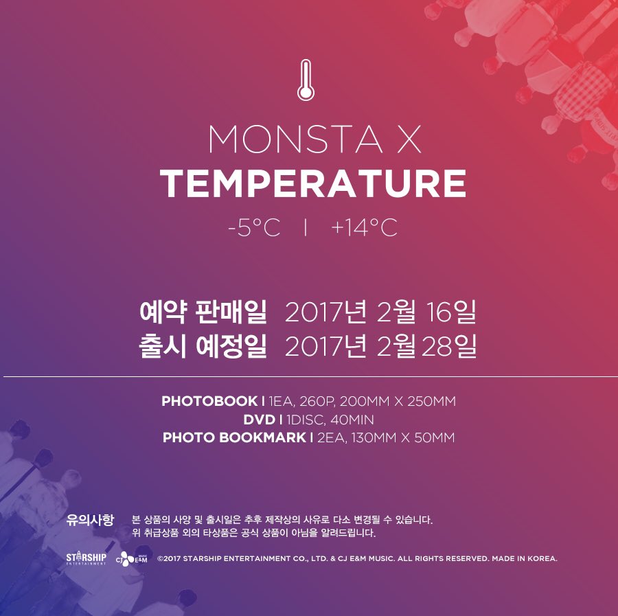 OfficialMONSTAX's tweet photo. [#MONSTA_X]
170228 #몬스타엑스 
#TEMPERATURE #PHOTOBOOK 발매📢
LA와 홍콩에서 전해온 몬스타엑스의 온도🌡
첫번째 #포토북 많이 기대해주세요!
-5℃ +14℃ #온도차 #냉온미남들 
👉예약판매일 : 170216 https://t.co/egVwckJGlb