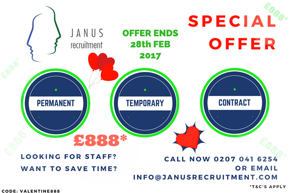 JanusRec's tweet image. Don't miss out! Valentines February special offer ends 28/2 CALL NOW on 02070416254 #ValentinesOffer #HiringStaff #HiringNow #SpecialOffer