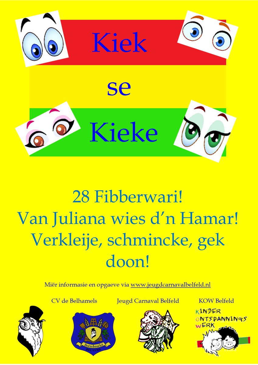 Kiek se kieke

Miër informasie en opgaeve via jeugdcarnavalbelfeld.nl 

CV de Belhamels
Jeugd Carnaval Belfeld
KOW Belfeld
