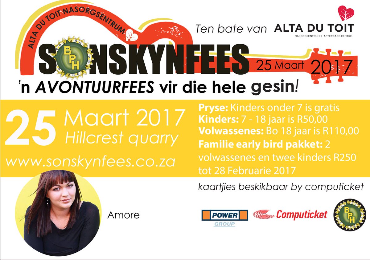 Sien vir <a href="/amoresangeres/">Amoré Rudman</a> en vele ander <a href="/Sonskynfees/">Sonskynfees</a> - kaartjies  <a href="/Computicket/">Computicket</a>  online.computicket.com/web/event/sons…  - <a href="/SACelebTweets/">𝘚𝘈 𝘊𝘦𝘭𝘦𝘣𝘳𝘪𝘵𝘺 & 𝘓𝘪𝘧𝘦𝘴𝘵𝘺𝘭𝘦</a> <a href="/Altasorg/">Alta du Toit Centre</a>