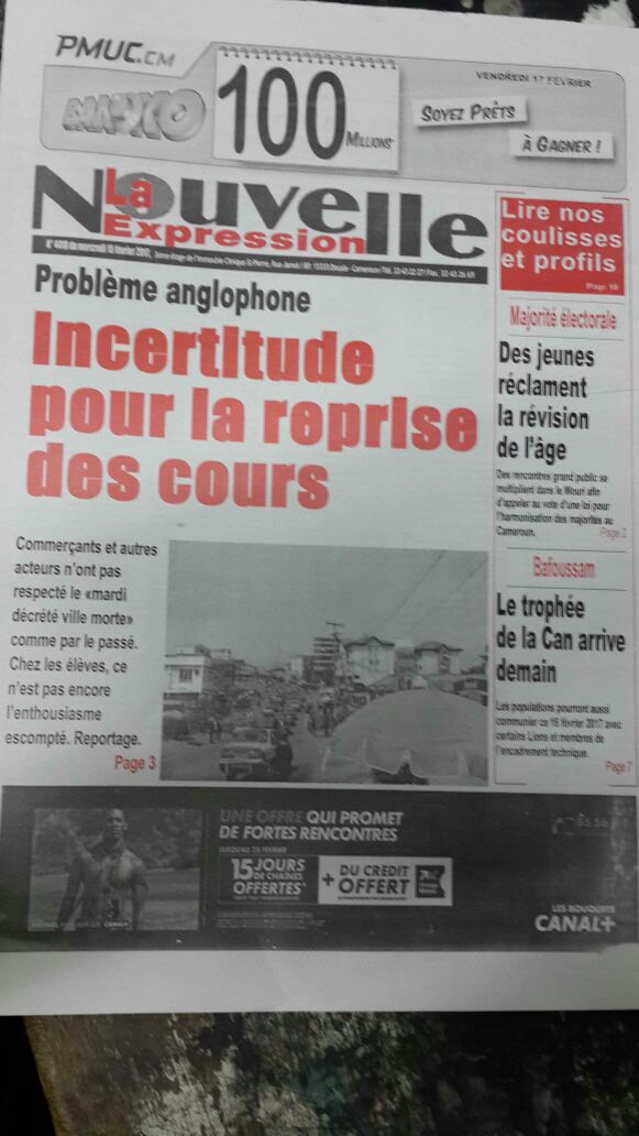 AnniePayep's tweet photo. Quelques Unes de ce #15fevrier au #Cameroun. Je découvre #LaVoixDuCentre. #LeMessager #LaNouvelleExpression #ForumLibre https://t.co/IKkQ8hX5h7