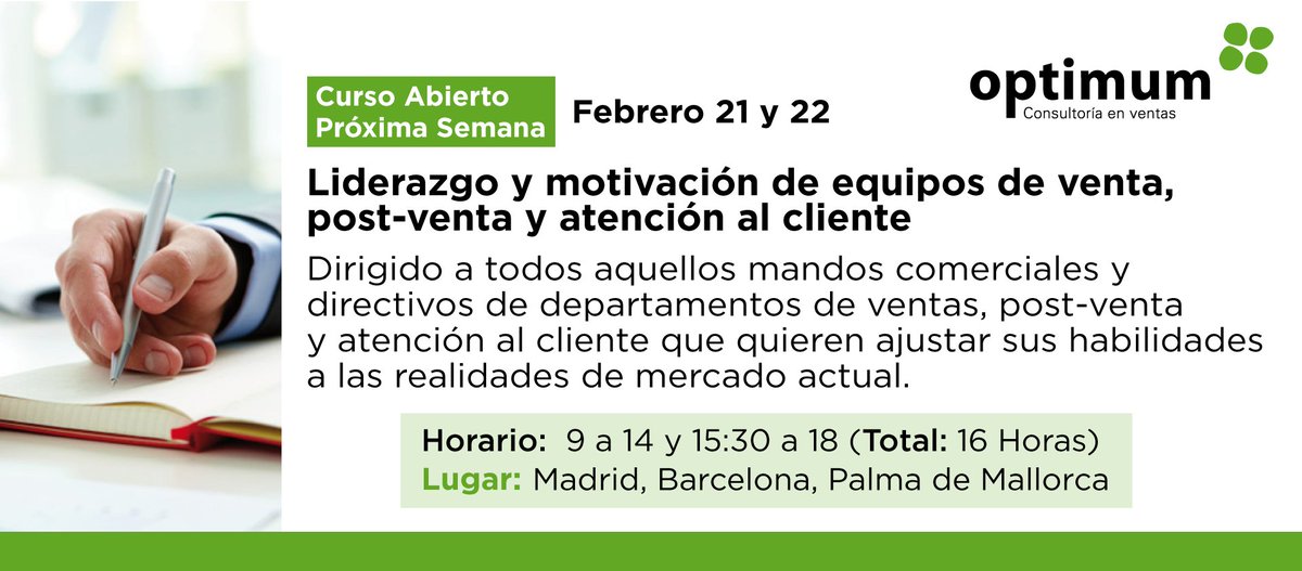 Curso próxima semana: Liderazgo y motivación de equipos de venta... Más info e inscripciones: goo.gl/MJZrXH