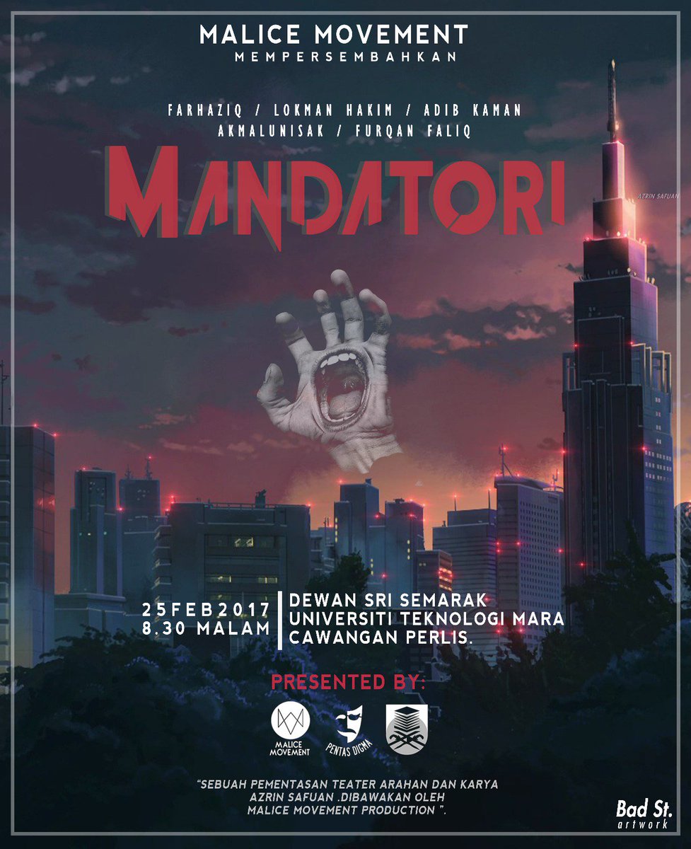muhdammarzuhair's tweet photo. Teater Mandatori Mimpi
24/25 Febuari 2017
Dewan Seri Semarak,UiTM Perlis
#pentasdigma
#malicemovement
#inikalilah https://t.co/KSfUJ5wRQH