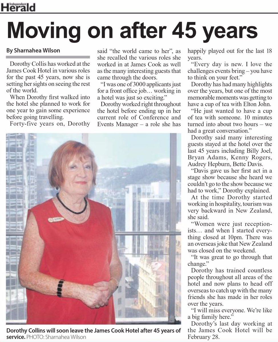 jamescookhotel's tweet photo. Thanks Independent Herald for sharing our Conference &amp; Events Manager's story with #Wellington 
#45years #events #grandchancellor https://t.co/IilVr3l2kA