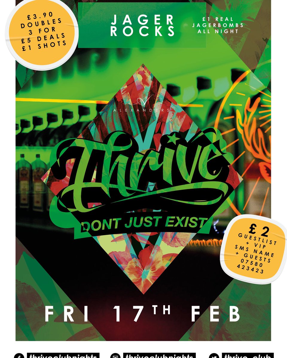 MeetusatAlexs's tweet photo. The return of #jagerrocks this Friday as the @Thrive_Club takeover continues to gather momentum!
Join us for £1 Real Jäger Bombs! #Thrive 🎉 https://t.co/TBhHC2PxBS