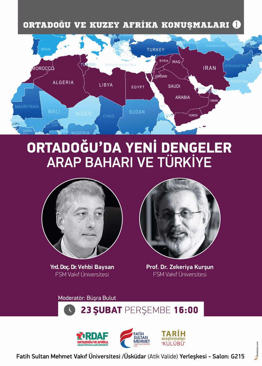 tarihakulubu's tweet photo. İlk programımız "Ortadoğu'da Yeni Dengeler Arap Baharı ve Türkiye". @busra_bulut 'un moderatör olduğu program, 23 Şubat'ta saat 16:00'da. https://t.co/k4ABrbac1T