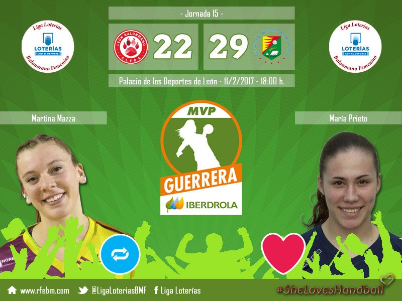 🏆 #GuerreraIberdrola 
🤾 @cleba_leon : <a href="/BmAulaCultural/">CD Balonmano Aula</a> 
📩 RT: Martina Mazza
📩 Me gusta: <a href="/MariaOmullony/">Omu</a>