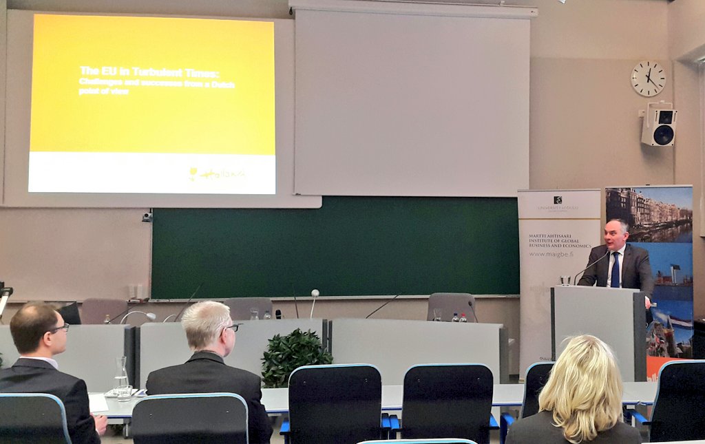 OBS_UniOulu's tweet photo. EU in turbulent times. World Affairs Forum opened by @JNiinimki, starting with our guest the Dutch Ambassador @CeesBansema @UniOulu https://t.co/VH7uNbfdgD