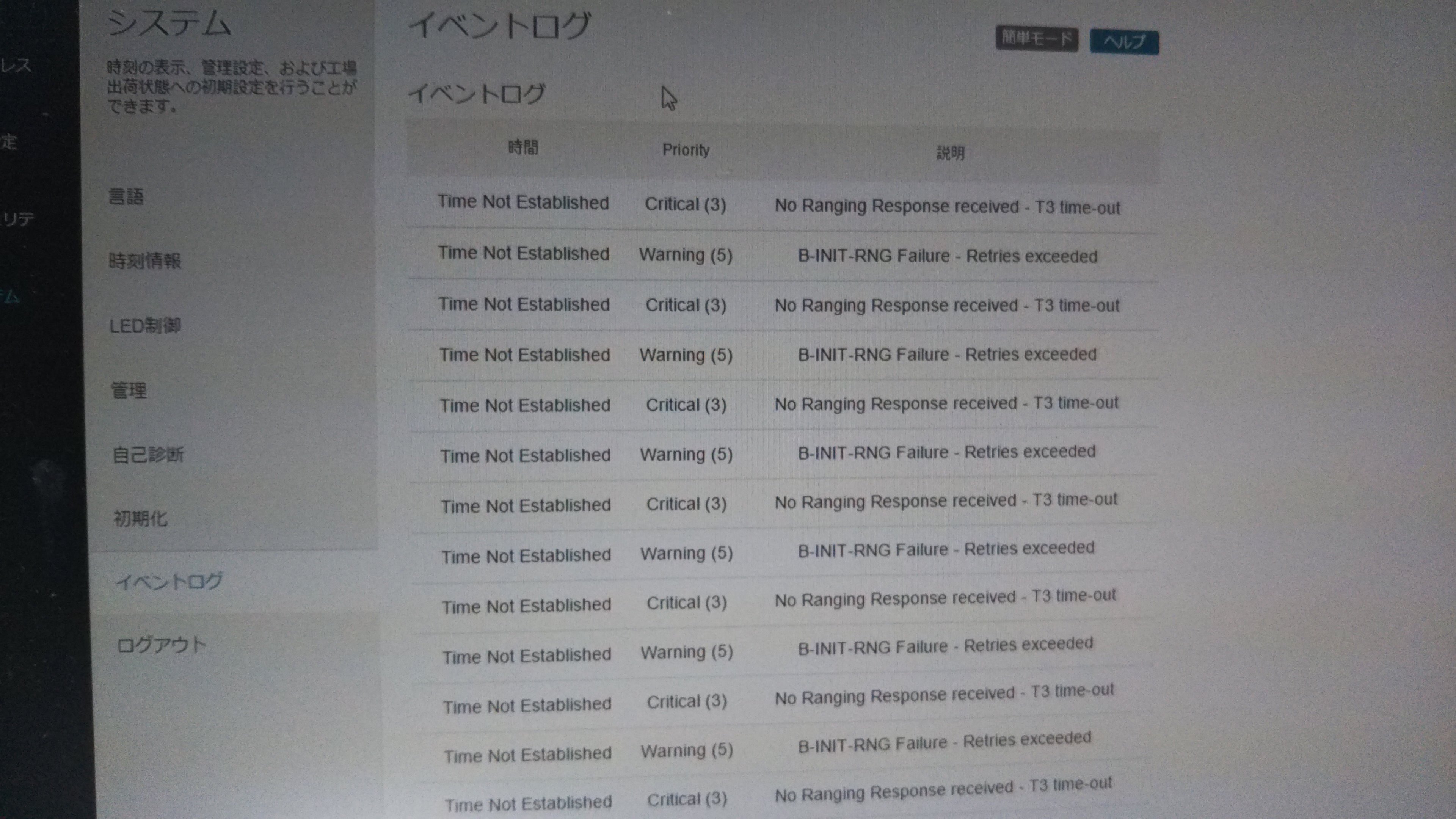 あけみの Jcom Support 教えていただいたurlからサポートの申し込みを行いました 現時点でまだ繋がらない 画像はモデムhumax Hg100r 02jgのイベントログ画像です 契約開始して2週目で長時間繋がらないとか不信感マックスなのではよ何とかして