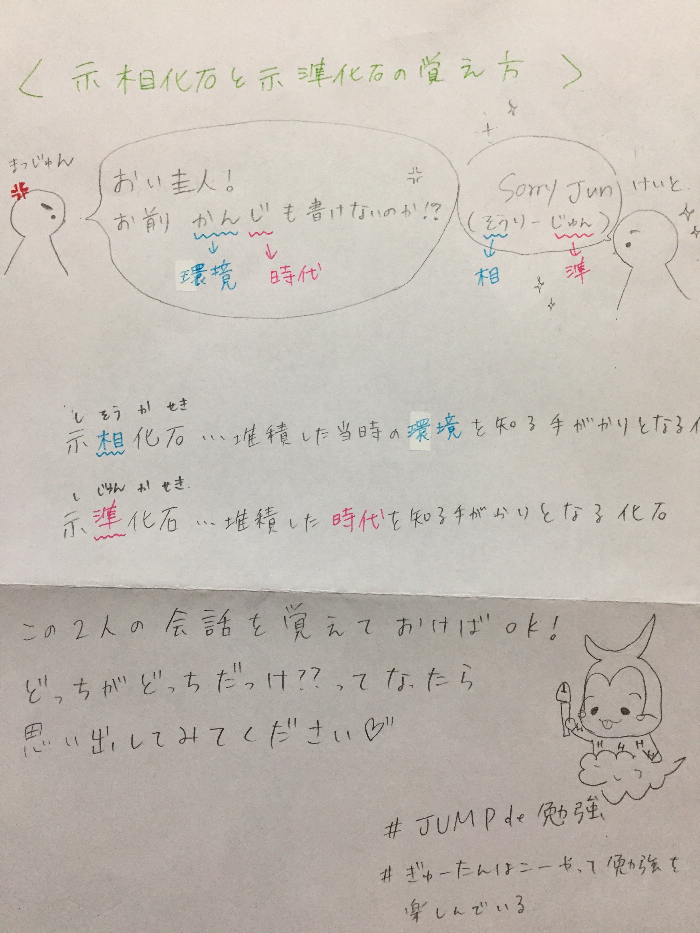 ぎゅーたん 示相化石と示準化石の覚え方 松潤 おい圭人 お前かんじもかけないのか 圭人 Sorry Jun そうりーじゅん かん 環境 じ 時代 そう 相 じゅん 準 ぎゅーたんはこーやって勉強を楽しんでいる Jumpde勉強 T
