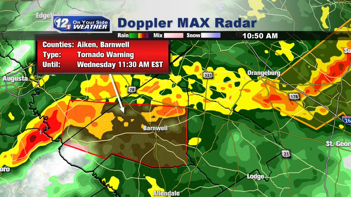 TORNADO WARNING for s. central Aiken/Barnwell County, currently over