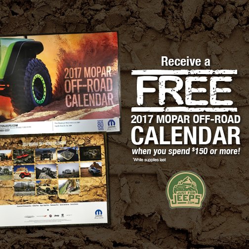JustForJeeps's tweet photo. If you place an order with us equalling $150 (or more) we’ll send you a FREE 2017 Mopar calendar!
https://t.co/NvJuhO9nGi
#jeeps https://t.co/pLe9NMmGB2