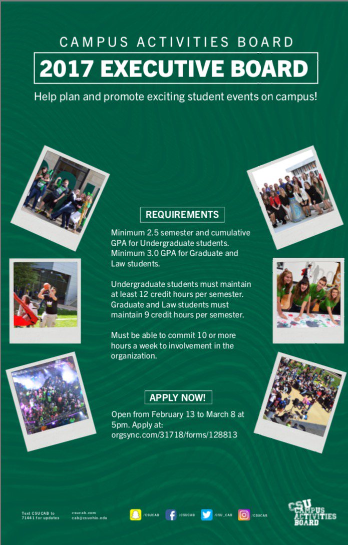 CSU_CAB's tweet photo. Apply to be on our exec board next year! Plan events, or become one of our administrative positions! More info here: https://t.co/7oUvSEiQNq https://t.co/edjble26c0