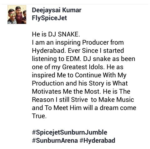 Deejaysaikumar's tweet photo. @flyspicejet @djsnake  #SpiceJet #SpiceJetSunburnJumble #SunburnArena #Hyderabad 
@poojayedlapalli @Manisha69458561 @varun_cena https://t.co/2vlg6nSCem