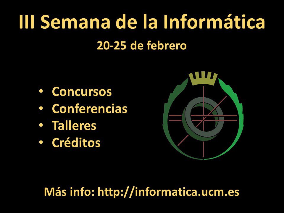 informaticaucm's tweet photo. Semana de la Informática 2017 - Recuerda que es imprescindible inscribirse previamente +Info: https://t.co/Rpvyt5bKxv https://t.co/sWBFOXMV8Q