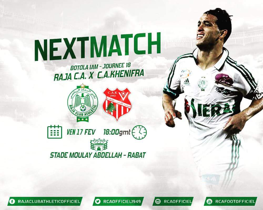 RajaC_A's tweet photo. ๐ #NEXTMatch ๐
โฝ@RajaC_A ๐ #CAKhenifra
๐ #BotolaProIAM
โฃ #RCAJSK
๐ 18:00 GMT
๐ 17/02/2017
๐ StadeMoulayAbdellahRABAT https://t.co/sdPmkBLlTH