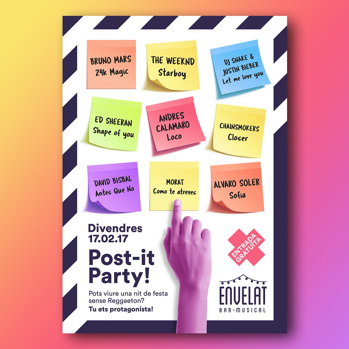 lenvelat's tweet photo. Aquest divendres arriba la #postitparty a l'#Envelat!!
Vols viure una nit sense reggaeton? Doncs divendres 17 és la teva nit! https://t.co/zfOOv6pYFq