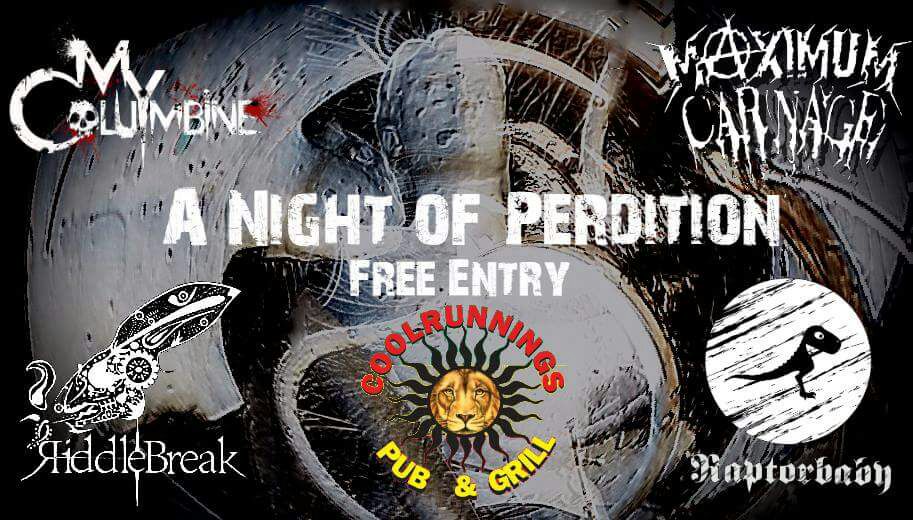 maximumXcarnage's tweet photo. This Saturday! Get your ass to #coolrunnings Centurion! Kick ass metal bands on the bill. Free entry! #mycolumbine #riddlebreak #raptorbaby https://t.co/UOOVZ5GRcy