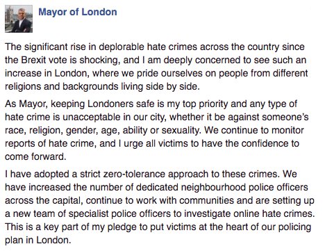 MayorofLondon's tweet image. There has been a shocking increase in reported hate crimes since Brexit. Hate crime is completely unacceptable. We must stamp it out.