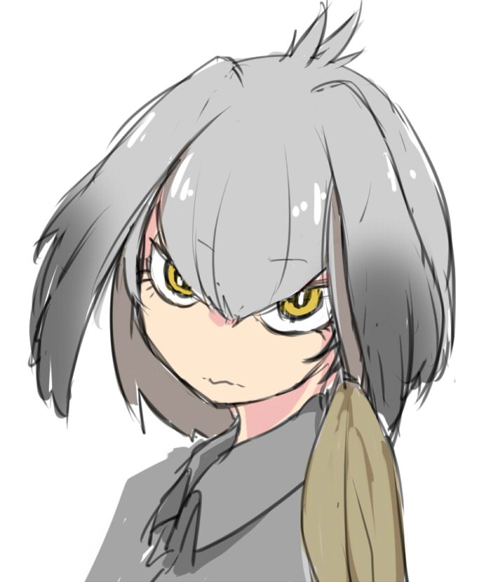 shoebill (kemono friends) 1girl solo looking at viewer grey hair white background yellow eyes closed mouth  illustration images