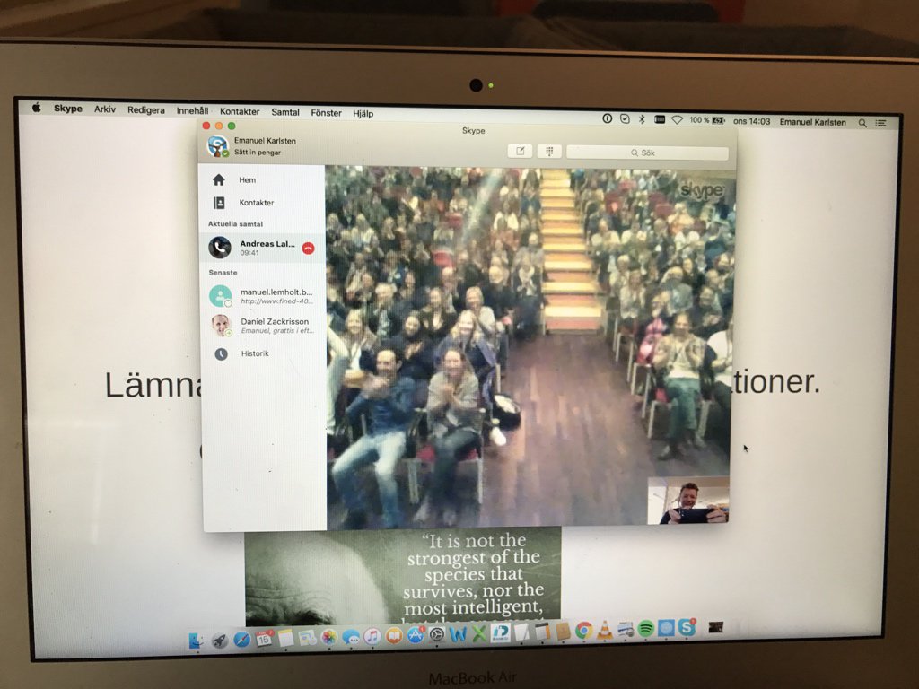 emanuelkarlsten's tweet photo. Så här slutade det! Första föreläsningen jag gjort helt via Skype. Det gick! #digitaldagen https://t.co/G9Q69MUC5W https://t.co/q5reO3EI8o