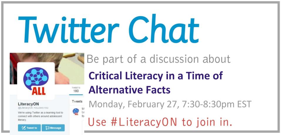 brianweishar's tweet photo. Next @LiteracyOn Twitter chat Mon Feb 27 7:30-8:30pm EST Critical literacy in a time of alternative facts w @kritsand #literacyOn https://t.co/0jUjcP5U04