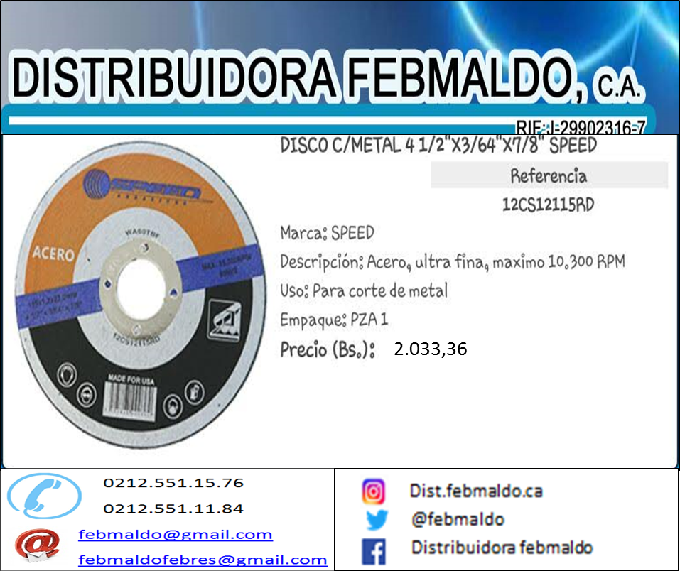febmaldo's tweet photo. A la venta #Disco de #corte #metal
Solo por aqui en #DistribuidoraFebmaldo ...
Contactanos.. https://t.co/YpXrR7jd5h