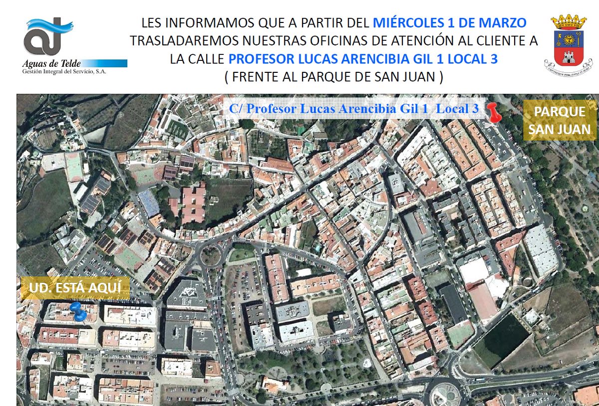 aguasdetelde's tweet photo. 📡📡A partir del 01 de marzo trasladamos nuestras oficinas a la calle P. Lucas Arencibia Gil 1 Local 3, frente al Parque de San Juan.📡📡 https://t.co/IM3vcdPv1y