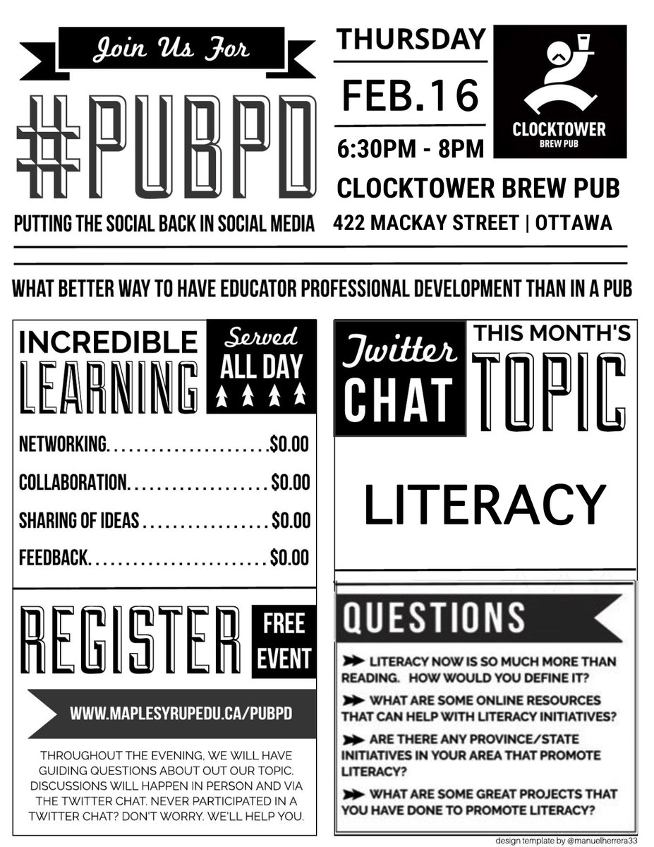 L_Bettencourt7's tweet photo. Join #PubPD in #ottawa @The_Clocktower on Mackay Street from 6-8 pm #twitterchat topic is #literacy in #education #ontarioedu @MapleSyrupEDU https://t.co/Pf6UlcvwxD