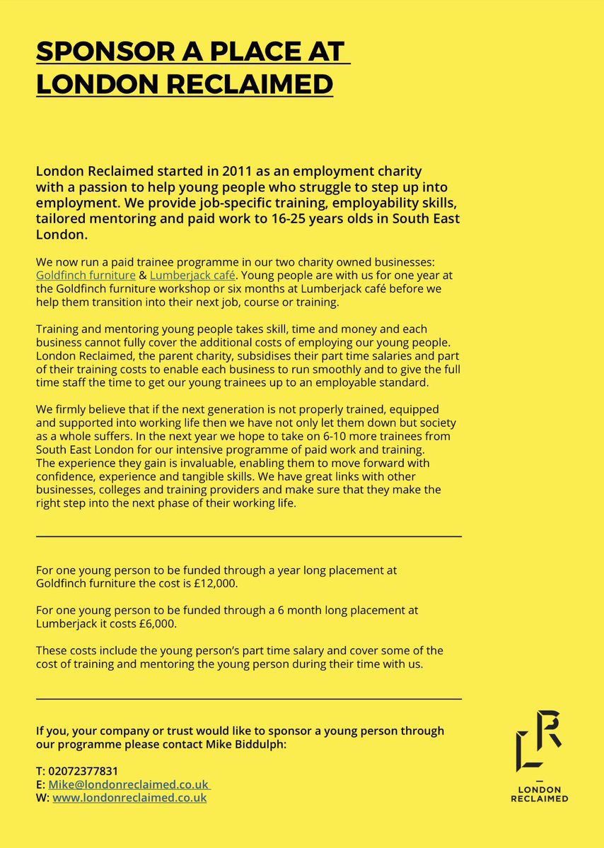 londonreclaimed's tweet photo. Calling all people, businesses or trusts who want to sponsor a young person through a 6 month or year long work programme. #YouthEmployment https://t.co/kNLLzOnaaF