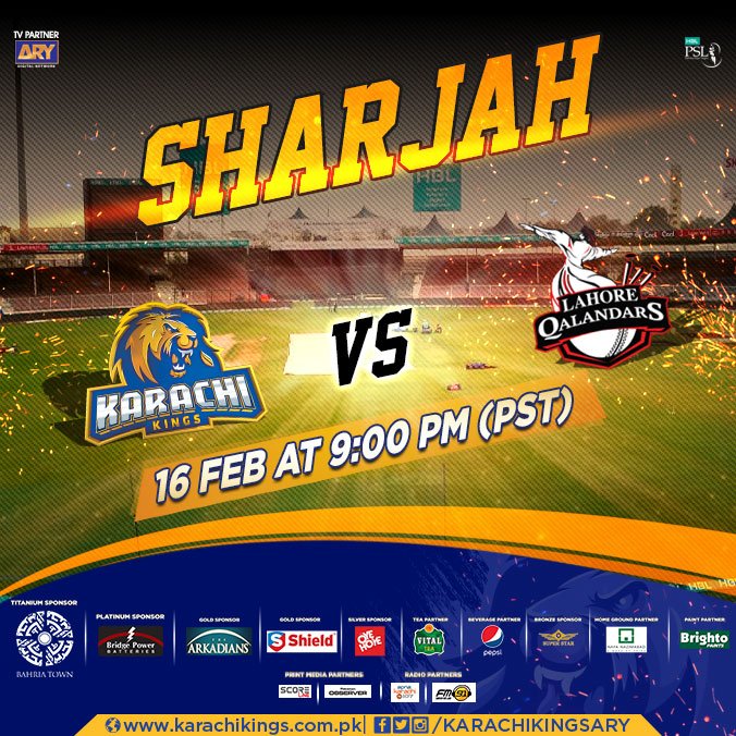 KarachiKingsARY's tweet photo. Sharjah; where Historic Battles have been fought, is all set to host another Clash of Titans #KKvLQ 16 Feb @ 9 pm (PST) #DhanDhanaDhanHogaRe https://t.co/smppv3PS7h
