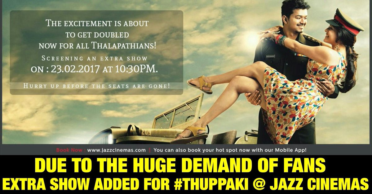 Kaushik1695S's tweet photo. #Thuppaki for who missed the tickets for evening show! Grab it here 😃❤❤ #EverGreenBlockBuster is back in @jazzcinemas https://t.co/tiY9ywzRE1