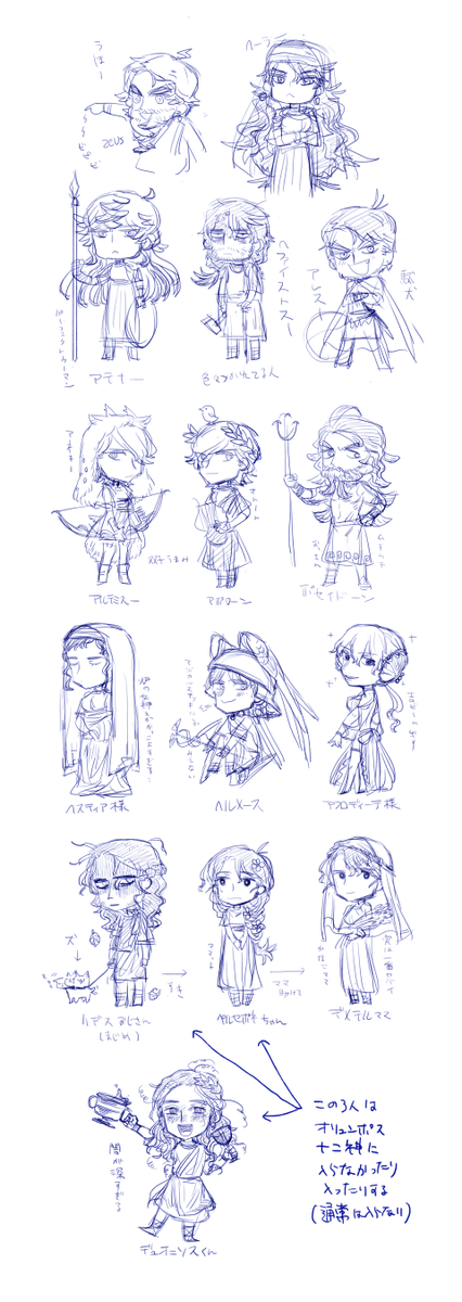 他のも見たいと言ってくれた方がいて超絶嬉しかったので汚いギリ神擬人化偏見と独断落書きオリュンポス十二神+αです 