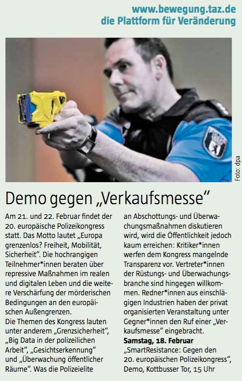 bewegungsteam's tweet photo. Unser Termin der Woche, morgen in der @tazgezwitscher. #Demo „#SmartResistance: Gegen den 20. europäischen #Polizeikongress“. https://t.co/cE3LyWODUI