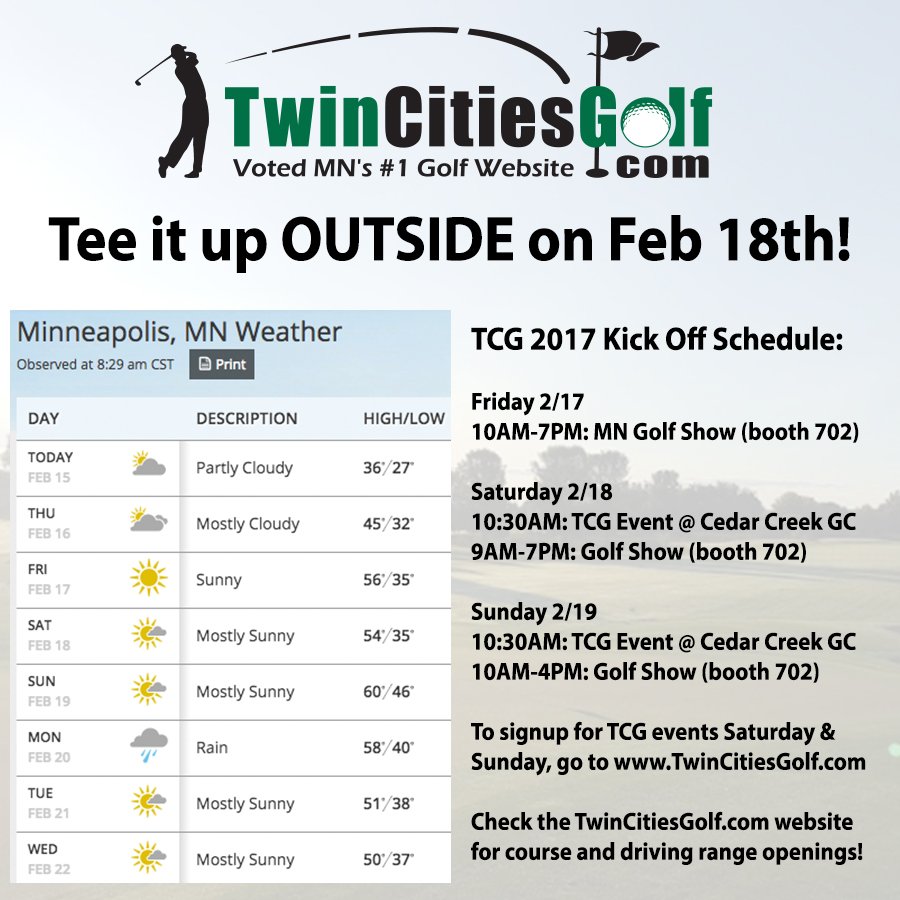 TwinCitiesGolf's tweet image. FORE! TwinCitiesGolf is hosting OUTDOOR events Sat &amp;amp; Sunday @ Cedar Creek GC. Details &amp;amp; signup at TwinCitiesGolf.com. 10:30 shotguns.