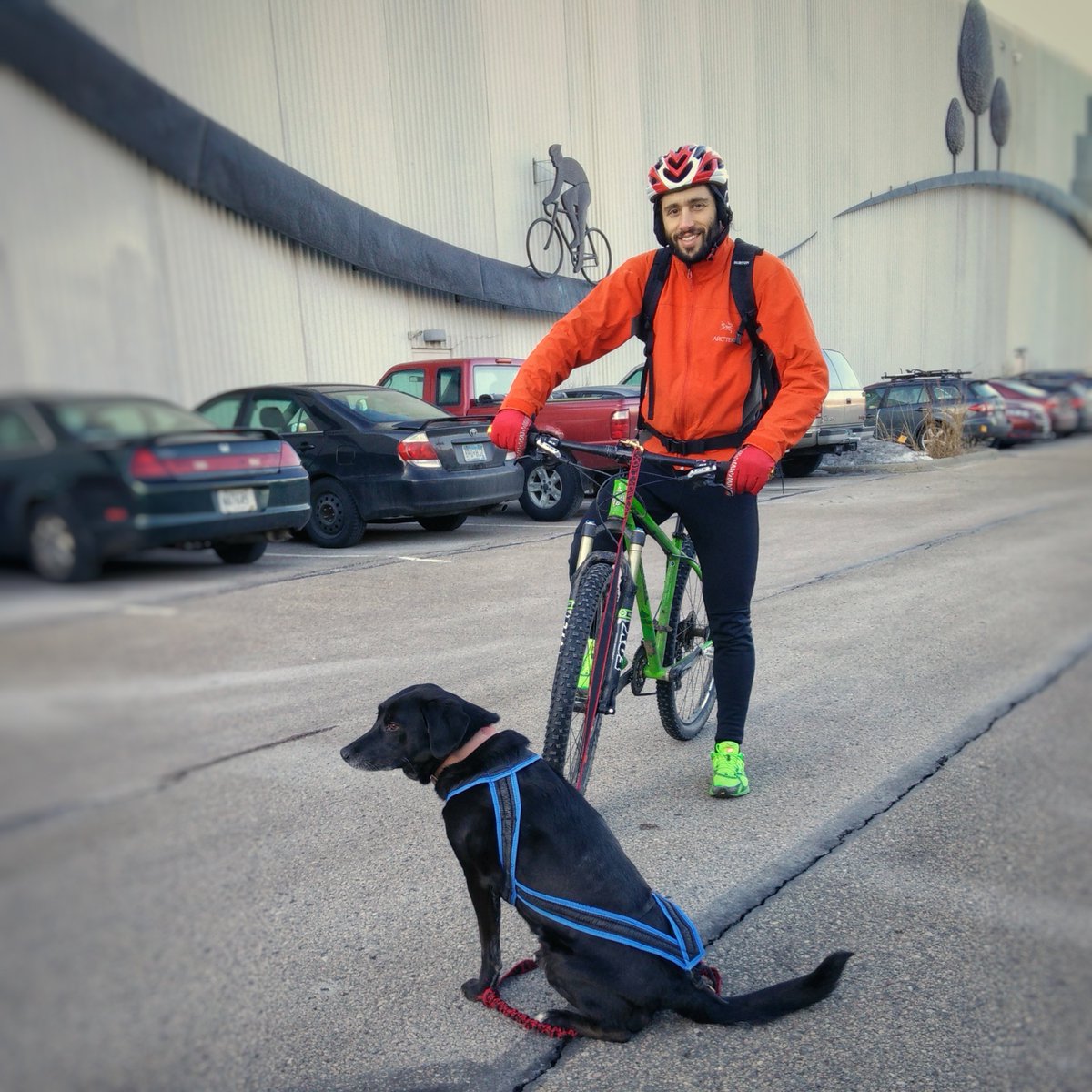 QualityBike's tweet photo. Engineering Manager Luke Strauss & Denali on their 10 mile commute into Q-Central. Denali rides home w/a coworker. #dogsofQBP #commutebybike https://t.co/bmg6mGMCMH