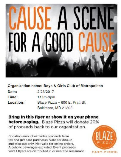 bgcbaltimore's tweet photo. Listen up! Head to @BlazePizza on the 22nd & 23rd to support #BGCMB! 20% of the proceeds will go to our organization. Just show the flyer! https://t.co/ynFgRlpqeQ