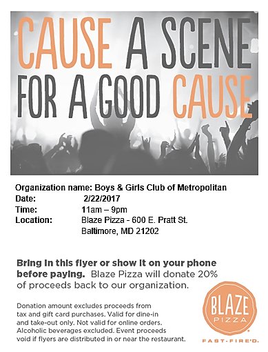 bgcbaltimore's tweet photo. Listen up! Head to @BlazePizza on the 22nd & 23rd to support #BGCMB! 20% of the proceeds will go to our organization. Just show the flyer! https://t.co/ynFgRlpqeQ